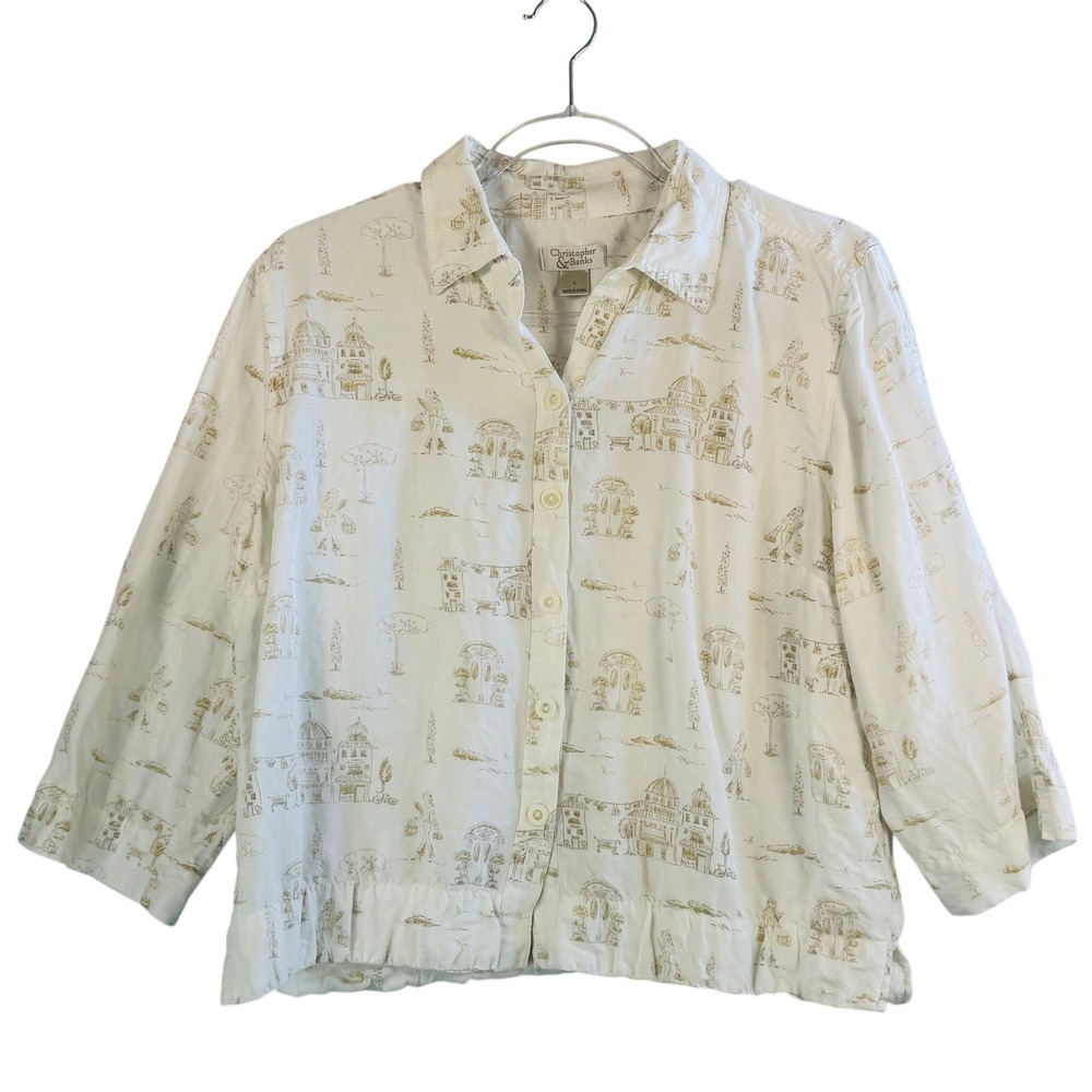 Christopher & Banks Linen Blend Button Shirt Scenic Print Village Houses Coastal
